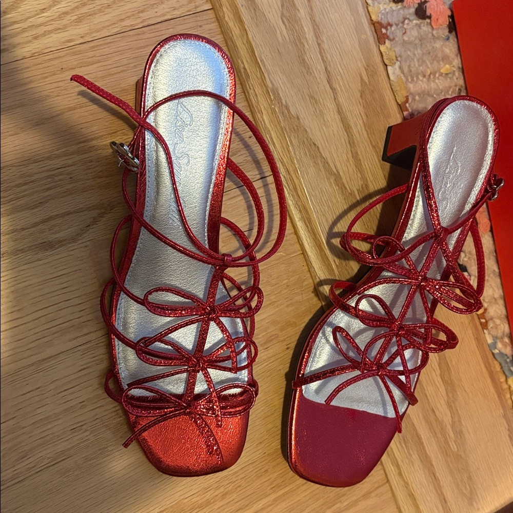 New Lisa Says Gah Carey Bow Sandals - Metallic Red Strappy Heels - Picture 2 of 5